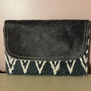 Myra Bag Handmade Clutch Upcycled Canvas Cowhide Lea Western Purse Zip